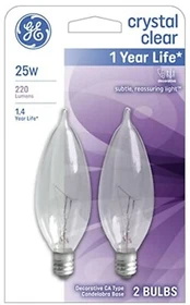 GE 66104 25 Watt 2 Pack Crystal Clear Bent Tip Candelabra Base Light Bulbs GE 66104 25 Watt 2 Pack Crystal Clear Bent Tip Candelabra Base Light Bulbs