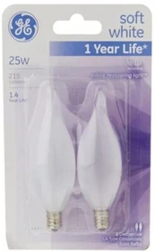 GE 66105 2 Pack 25 Watt Soft White Flame Shape Decorative Candelabra Light Bulbs