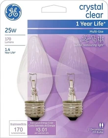 GE 75337 2 Pack 25 Watt Crystal Clear Faceted Flame Shape Candelabra Light Bulbs