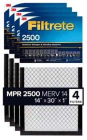 3M 2500 Series Filtrete 1" Filter, Captures Pollen,Smoke,Bacteria&Viruses,4-Pack
