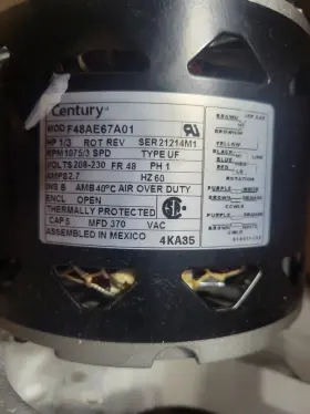F48AE67A01 CENTURY Air Handler Blower Motor Reversible