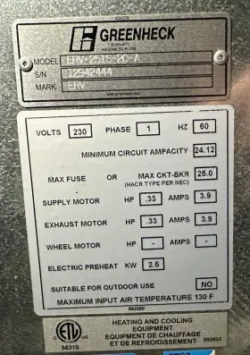 ERV-251S-20-A GREENHECK Energy Recovery Ventilator Phase #2