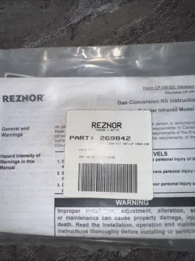VR50-100 REZNOR Gas Conversion Natural Propane Lp Heater Kit